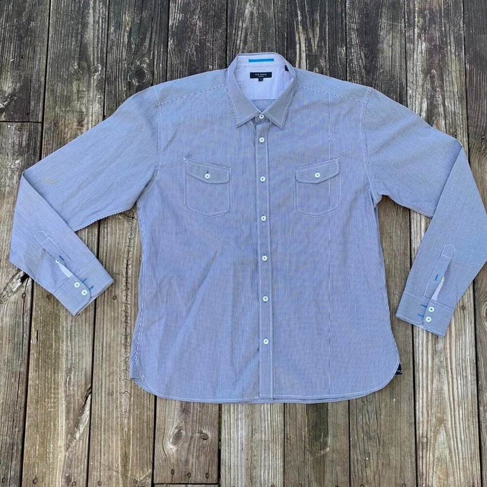 Ted Baker London 7 Micro Plaid Navy and White Designer Button Up